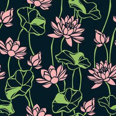 Seamless floral pattern with pink lotus flowers and green leaves on a dark blue background. Vector floral print