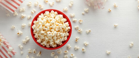 Red bowl filled with popcorn from above