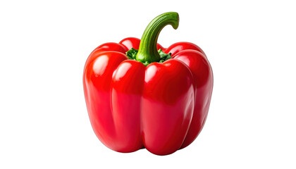 A vibrant red bell pepper isolated on a clean background, viewed from the front, showcasing its glossy texture and green stem
