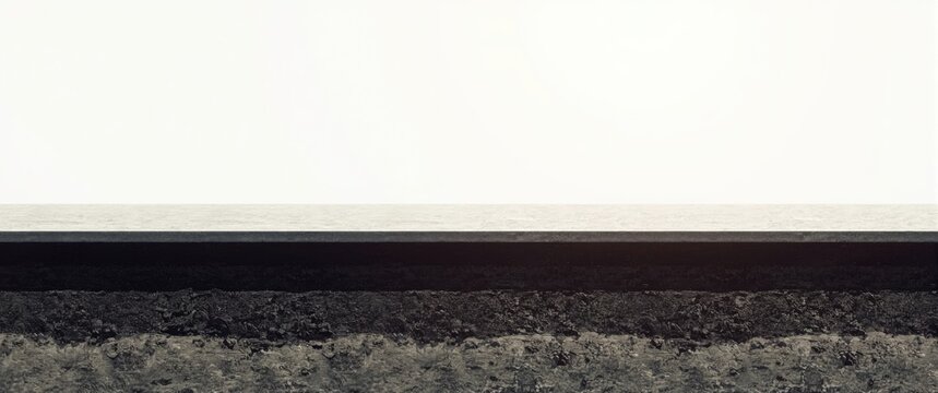 Lateral view of asphalt road revealing side surface layers including asphalt concrete, bitumen, ground, and earth on a white background isolator