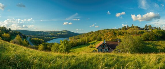 Obraz premium Belarus rural landscape featuring Eastern European nature, sky, grass, and trees during summer