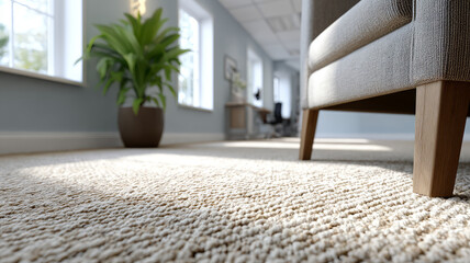 Modern office interior with plant and carpet close-up