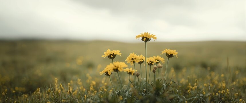 Tussilago farfara flowers on a cloudy day against a yellow green muted natural background