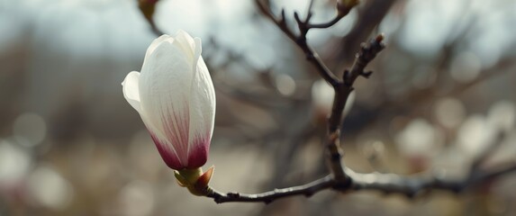 Unbloomed magnolia flower bud, white and fresh, with background of nature and trees in spring