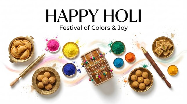 Vibrant Holi celebration with colorful powders and traditional sweets