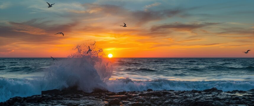 Morning sunrise at Buzzards Bay near Massachusetts south coast seen from Gooseberry Island, featuring crashing waves and soaring gulls.
