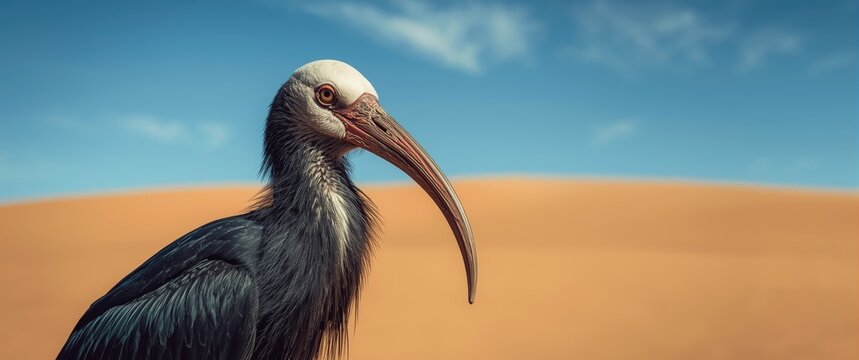 Critically Endangered bird: The Northern Bald Ibis, Hermit Ibis, or Waldrapp (Geronticus eremita)