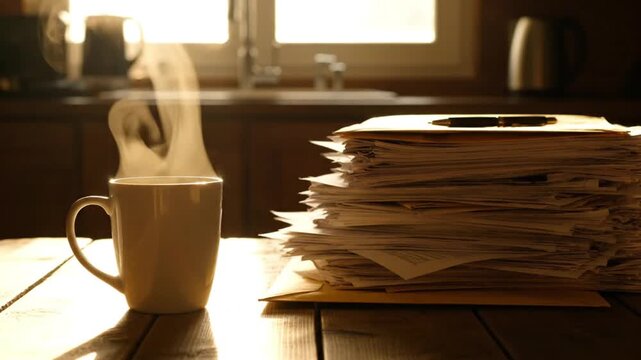 Steaming coffee mug beside tall stack of paperwork.