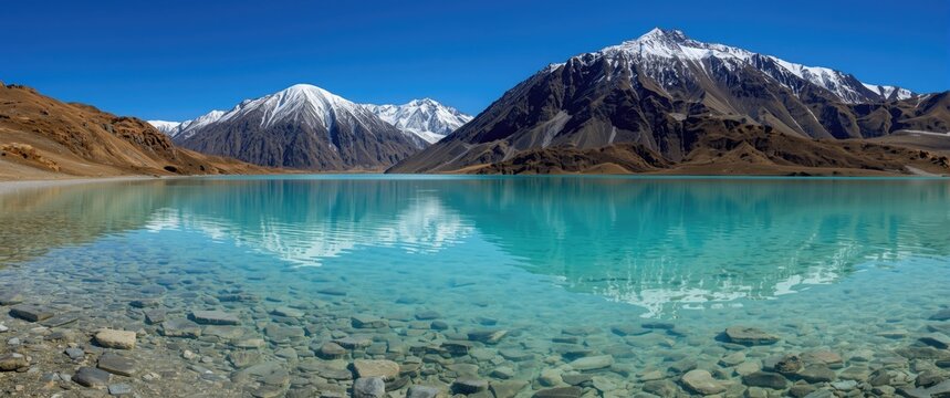 Beautiful scene of Big Almaty Lake in Kazakhstan showcasing clear turquoise water and towering snow-capped Trans-lil Alatau mountains