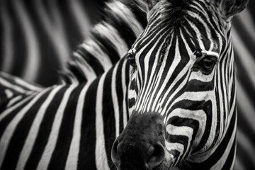 Fototapeta premium Monochrome portrait of a zebra with sharp eye detail and soft striped background