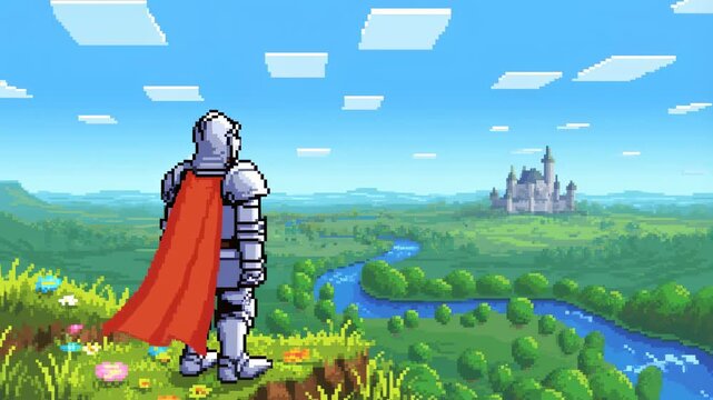Pixel art knight overlooking a vibrant landscape with a distant castle. Represents adventure, fantasy, and exploration in a whimsical world