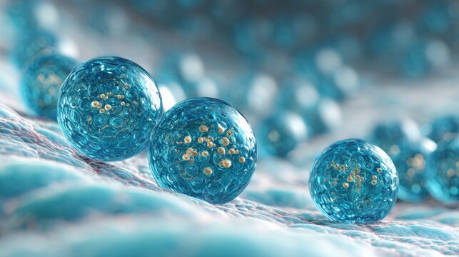 Macro View of Clear Blue Liquid Spheres Simulating Hyaluronic Acid Molecules Expanding in Human Skin Tissue for Hydration