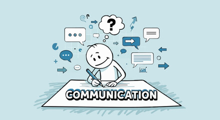 Stick figure writing communication on paper with speech bubbles.