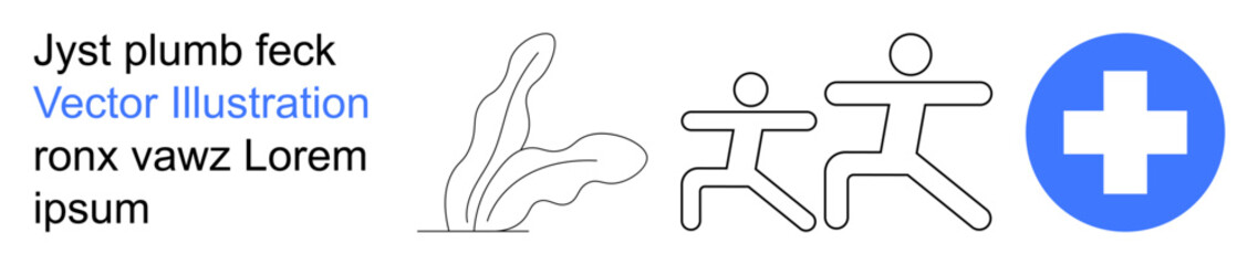 Obraz premium Health, fitness, medical aid, well-being, active lifestyle, emergency care. Two outlined human figures running, a medical cross and an abstract organic shape. Health and fitness conceptual design