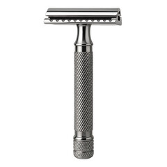 Classic metal safety razor isolated on transparent background