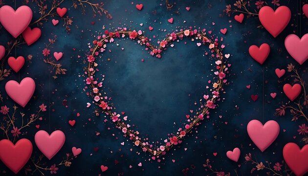 Romantyczna walentynkowa ramka w kształcie serca z kwiat&oacute;w na ciemnym tle