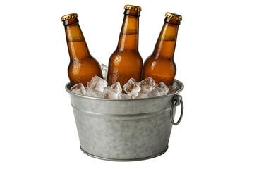 Cold beer bottles in ice bucket isolated on transparent background