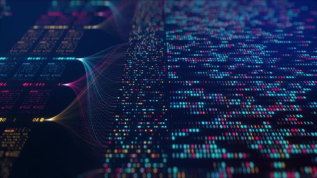 Neural Network Big Data Flow Visualization, Binary Code Matrix, AI Machine Learning Abstract Background, Quantum Computing, Cyber Security, Futuristic Technology Artificial Intelligence Digital Grid