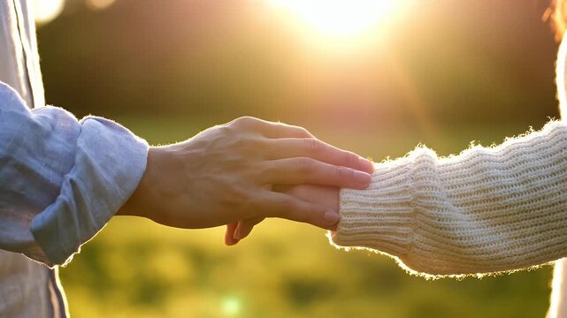 Romantic Hand Connection at Sunset - A close-up captures a loving moment as two people join hands, bathed in the warm glow of sunlight.