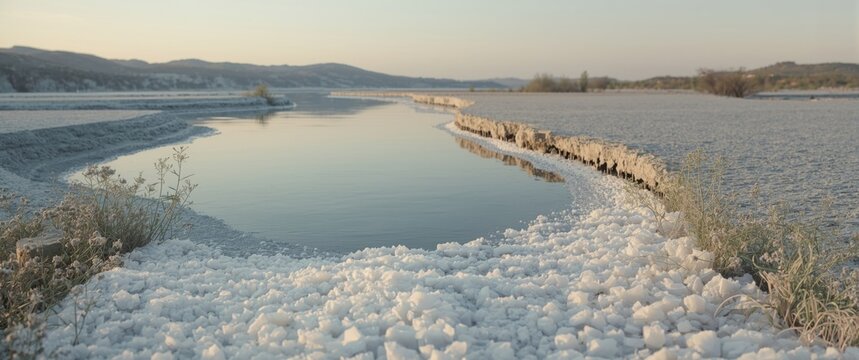 Crystals of sodium chloride at the bottom of the Hyperhaline Kuyalnik estuary's drying reservoir