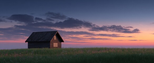 Obraz premium A tranquil meadow at dusk is a painter's palette with a cozy wooden cabin.