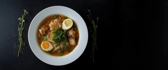 White plate with Mohinga against a dark background, Burmese fish soup featuring catfish, rice noodles, chicken eggs, and lime