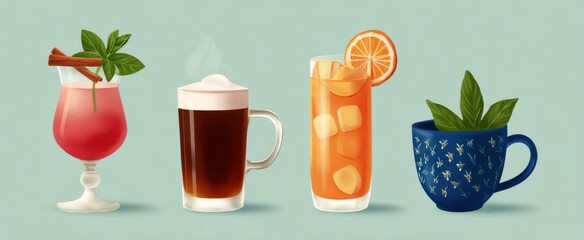 drinks collage evokes a joyful mix of refreshing and comforting flavors in one artful display