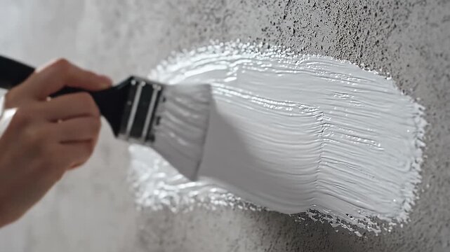 Applying Self-Cleaning Coating on Wall - A close-up shot captures a hand applying white self-cleaning biodynamic paint to a rough concrete wall, showcasing its initial application.