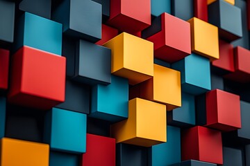 Obraz premium Geometric Abstract: A vibrant arrangement of colorful cubes create a striking display of modern design and architectural art. Capturing the interplay of color and form.