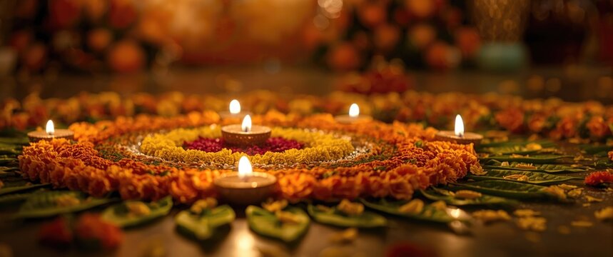 Oil Lamp Decorated Marigold Flower Rangoli for Diwali Festival