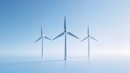 Three wind turbines on a flat surface