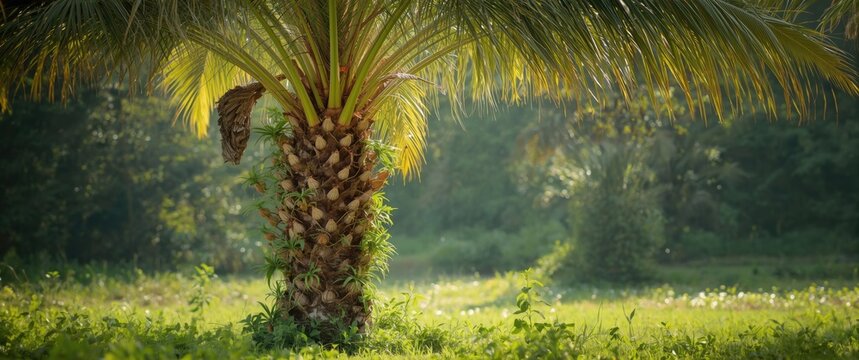 Summer scene of a palm fruit tree covered with parasitic plants over the trunk in a plantation, surrounded by nature and agricultural landscape