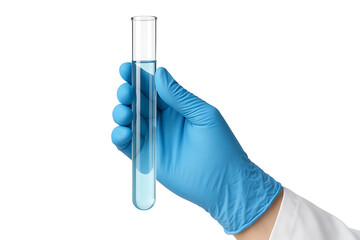Gloved hand holding laboratory test tube isolated on transparent background