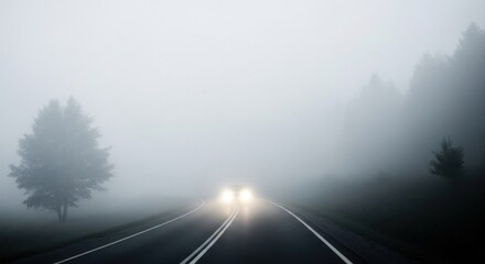 Naklejka premium Driving down a foggy road with limited visibility on a quiet morning