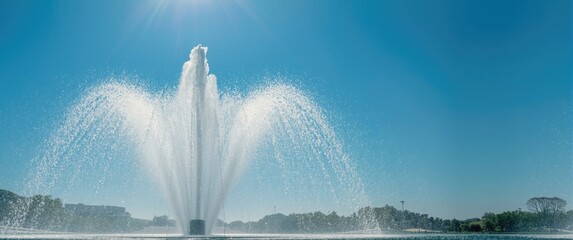 Fountain and Water Jet Splashing Against the Blue Sky