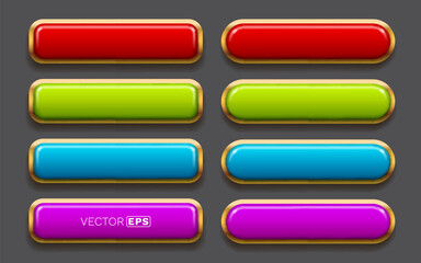 Vibrant glossy buttons with golden frames. A colorful set of blank user interface elements for game or web design.