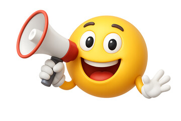 Happy emoji holding megaphone announcement concept isolated on transparent background