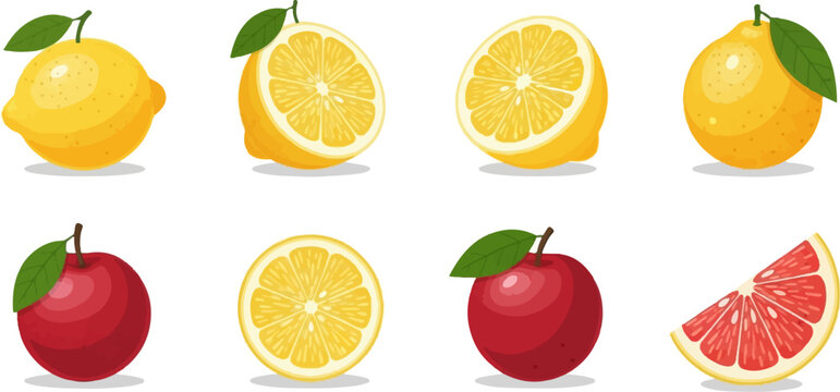 Bright, stylized pixel art of lemons, apples, and a grapefruit slice