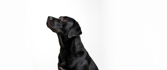 Naklejka premium Side view of attentive black labrador dog gazing upward, isolated on white background, obedience concept