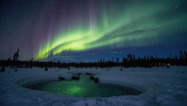 Aurora borealis illuminating Chena Hot Springs Resort, seasonal natural phenomenon, Earth Day