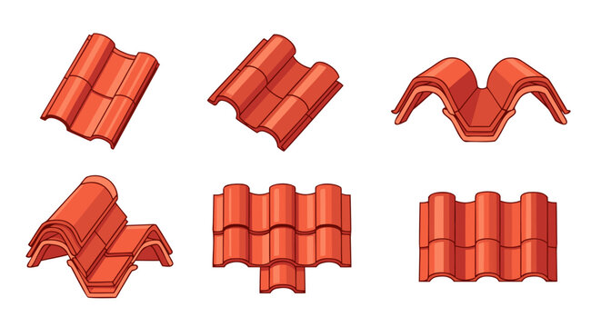 Various terracotta roof tile styles illustrated from different perspectives showing overlapping construction details clearly