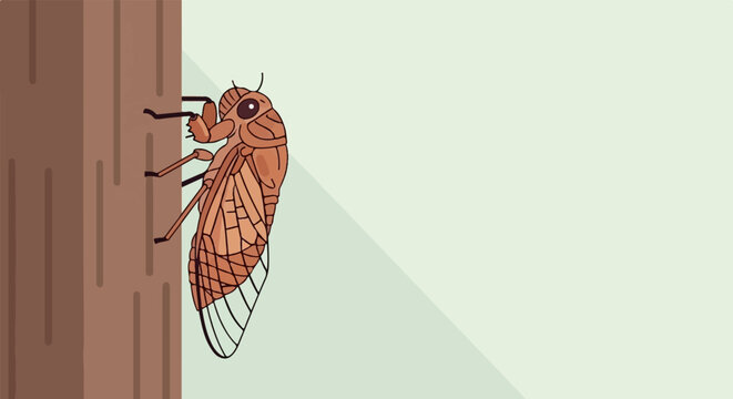 Brown cicada clinging to a textured brown tree trunk