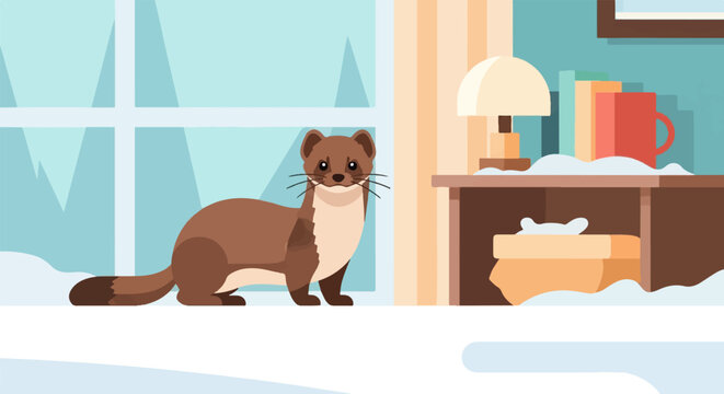 Brown weasel standing by a snow-covered window near a table with books