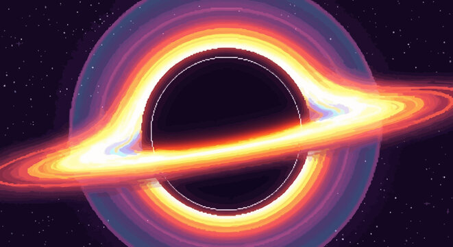 Vibrant cosmic phenomenon featuring a black hole surrounded by a swirling accretion disk in outer space viewed from a distant perspective
