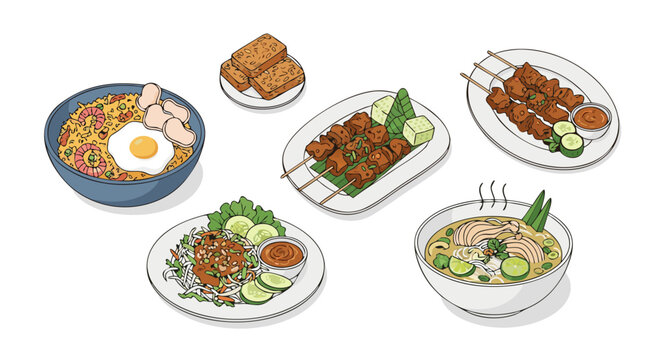Assortment of delicious illustrated traditional indonesian foods including satay nasi goreng and soup
