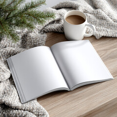 Fototapeta premium Open blank book with coffee cup on cozy knitted blanket