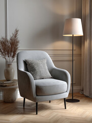 Modern armchair with decorative pillow in elegant living room with floor lamp