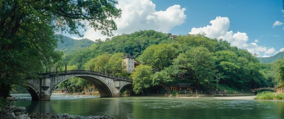Obraz premium Green forest and river bridge in Wulai district, New Taipei City, Taiwan