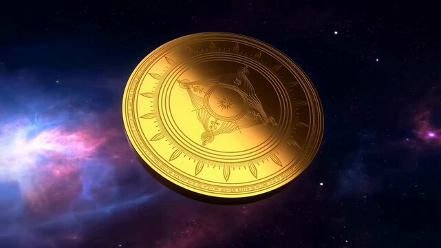 Golden compass spinning in a cosmic background. Symbolizes navigation, exploration, and the quest for direction in life