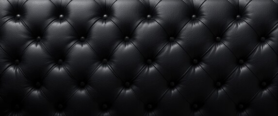 Fototapeta premium Close-up of black capitone genuine leather background with retro Chesterfield style soft tufted furniture, deep diamond pattern and buttons